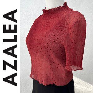 Azalea Polka Dot Sheer Plisse Short Sleeve Mock Neck Rust Color Top Size Small